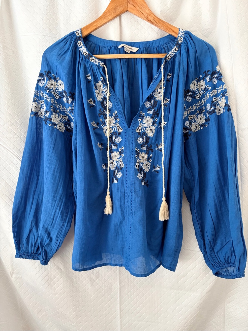 American Eagle Outfitters Blue Embroidered Peasant Top